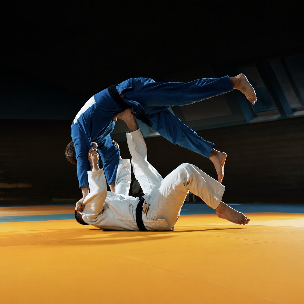 Dva judisté v zápase na žlutých tatami uprostřed hodu